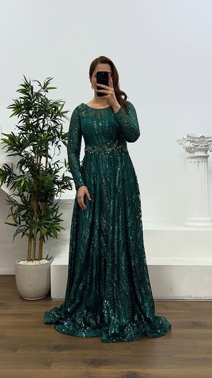 Green Waist Detail Plus Size Evening Dress