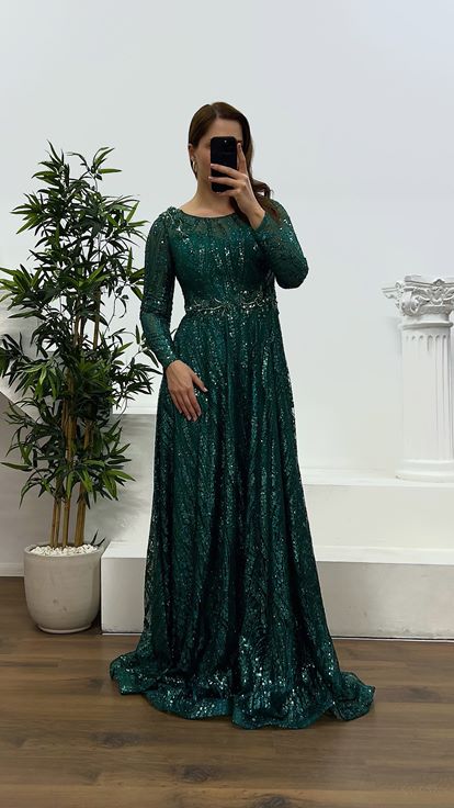 Green Waist Detail Plus Size Evening Dress