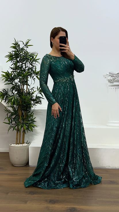 Green Waist Detail Plus Size Evening Dress