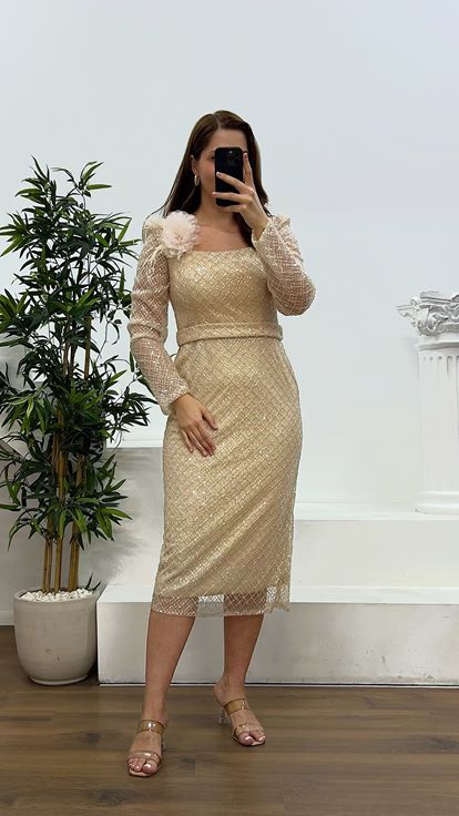 Beige Square Neck Midi Length Plus Size Evening Dress