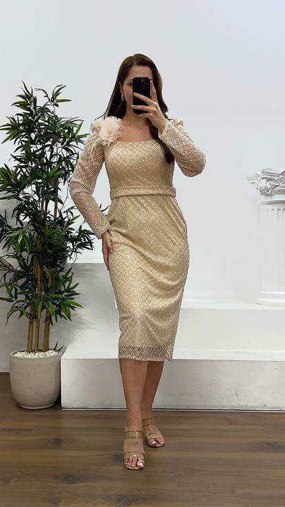 Beige Square Neck Midi Length Plus Size Evening Dress