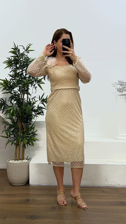 Beige Square Neck Midi Length Plus Size Evening Dress