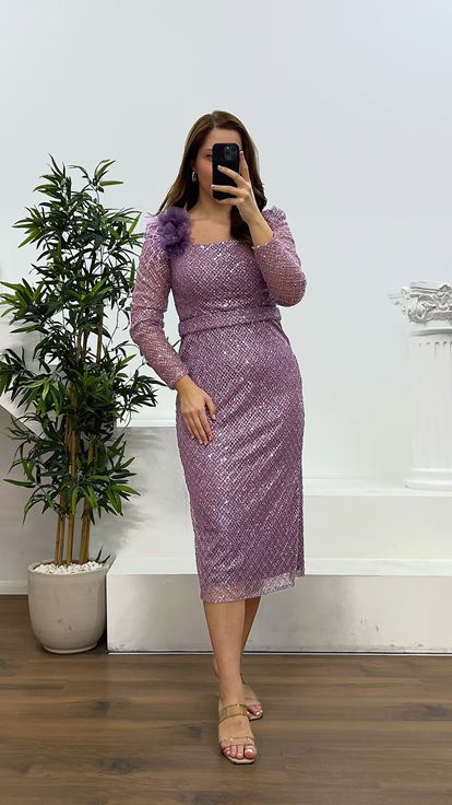 Lilac Square Neck Midi Length Plus Size Evening Dress