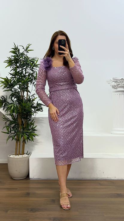 Lilac Square Neck Midi Length Plus Size Evening Dress