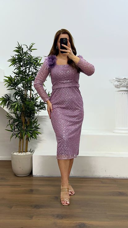 Lilac Square Neck Midi Length Plus Size Evening Dress