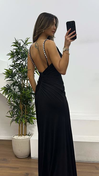 Siyah Sırt Detay Abiye Elbise