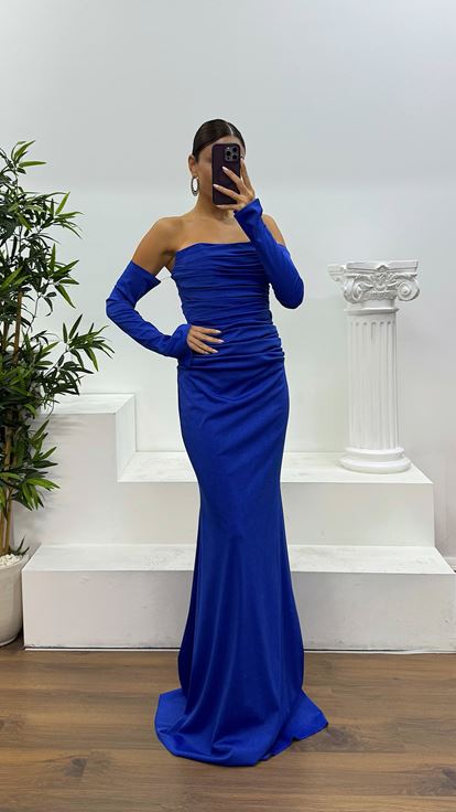 Saks Sırt Detay Drapeli Abiye Elbise