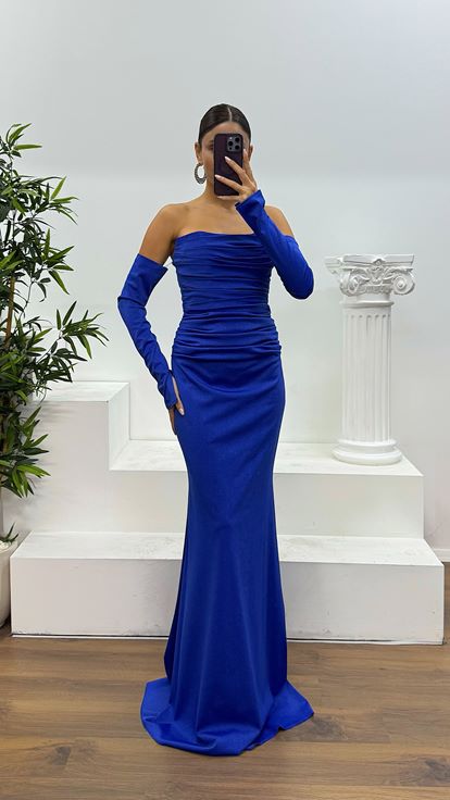 Saks Sırt Detay Drapeli Abiye Elbise