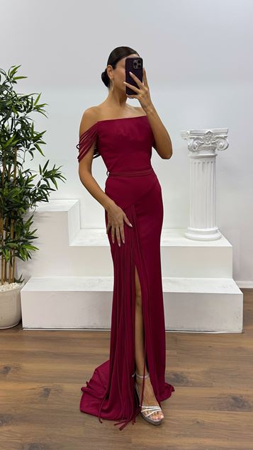 Bordo Straplez Abiye Elbise