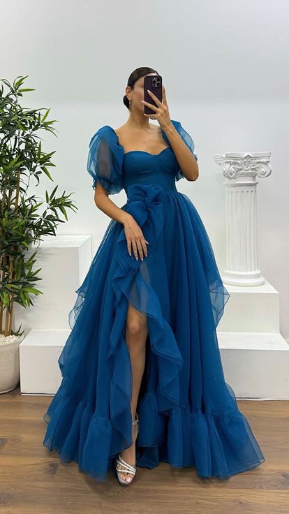 Petrol Kısa Kollu Tül Abiye Elbise