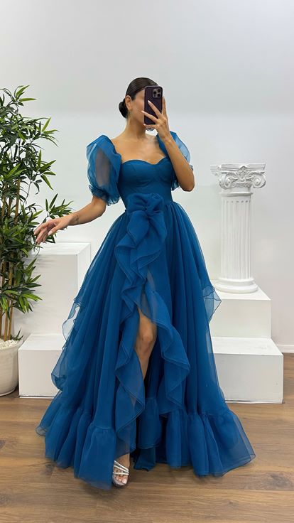 Petrol Kısa Kollu Tül Abiye Elbise