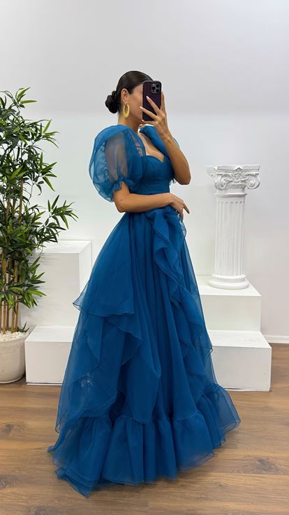 Petrol Kısa Kollu Tül Abiye Elbise