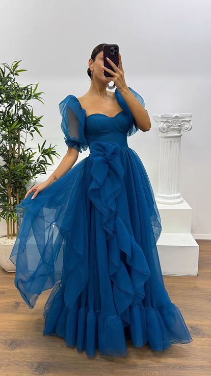 Petrol Kısa Kollu Tül Abiye Elbise