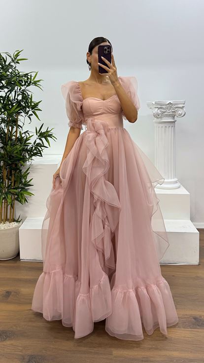 Pudra Kısa Kollu Tül Abiye Elbise