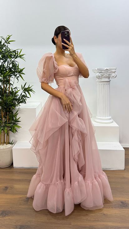 Pudra Kısa Kollu Tül Abiye Elbise