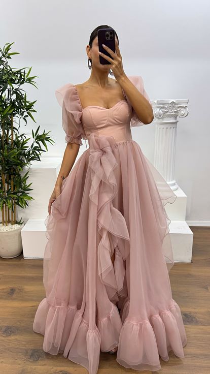 Pudra Kısa Kollu Tül Abiye Elbise