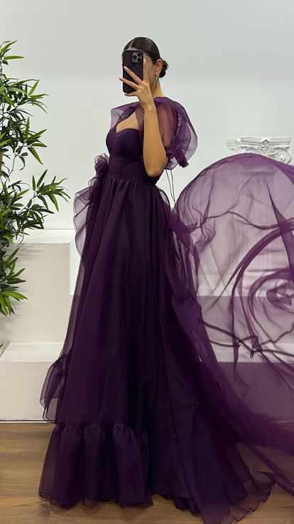 Mor Kısa Kollu Tül Abiye Elbise