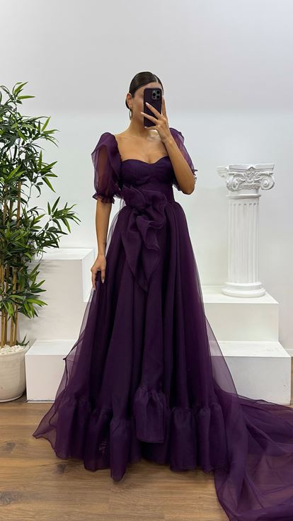 Mor Kısa Kollu Tül Abiye Elbise