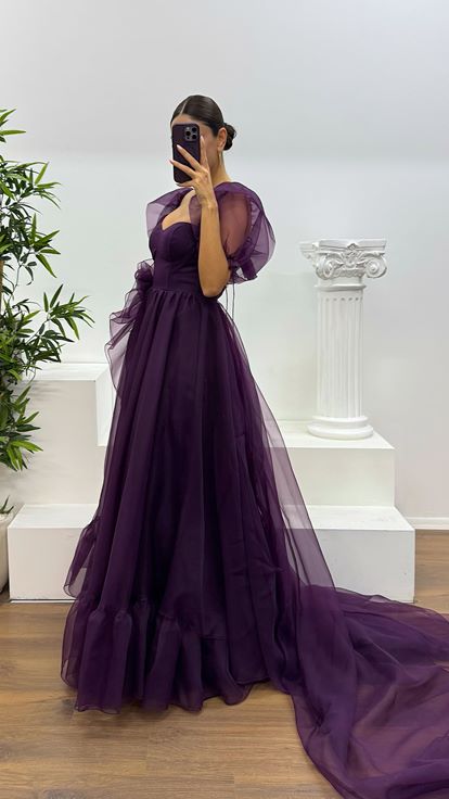 Mor Kısa Kollu Tül Abiye Elbise