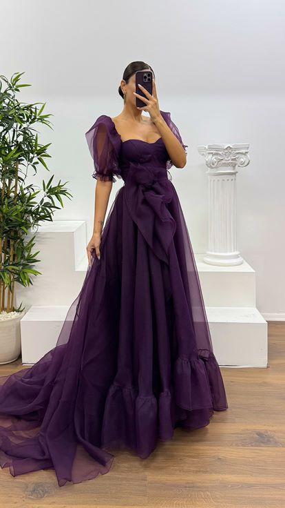 Mor Kısa Kollu Tül Abiye Elbise