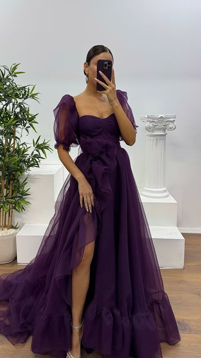 Mor Kısa Kollu Tül Abiye Elbise