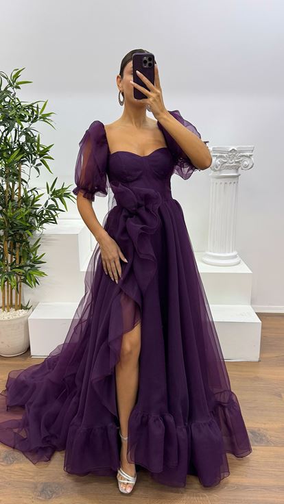 Mor Kısa Kollu Tül Abiye Elbise