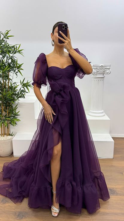 Mor Kısa Kollu Tül Abiye Elbise