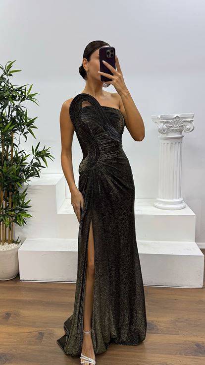 Bakır Straplez Yaka Detay Parlak Abiye Elbise