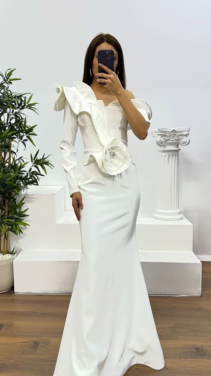 White Waist Flower Detail Evening Dress