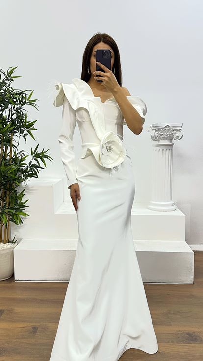 White Waist Flower Detail Evening Dress