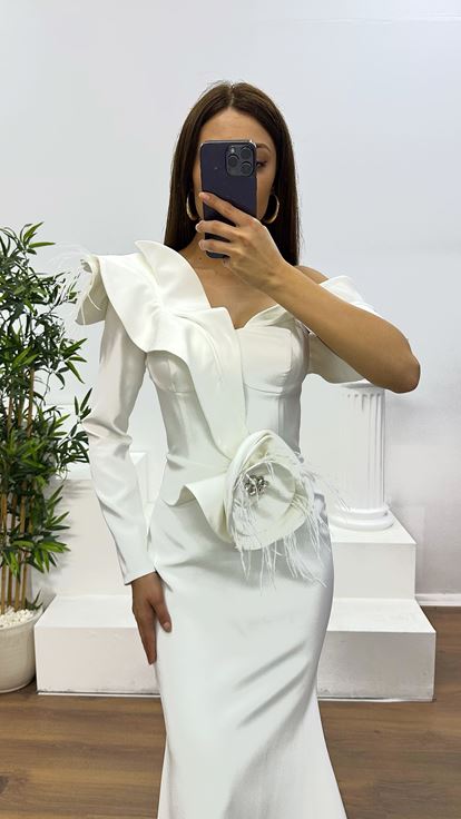 White Waist Flower Detail Evening Dress