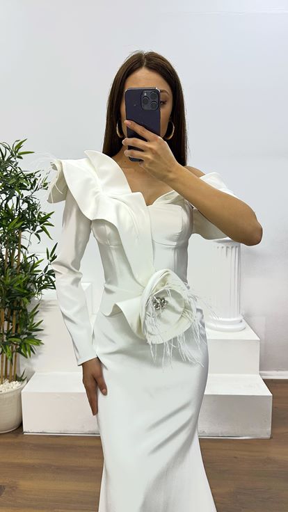 White Waist Flower Detail Evening Dress