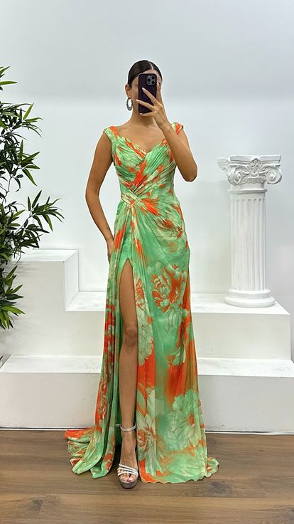 Mint Strappy Patterned Evening Dress