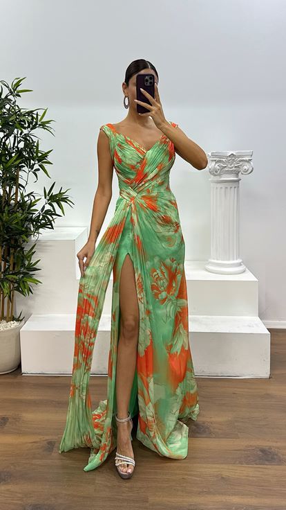 Mint Strappy Patterned Evening Dress