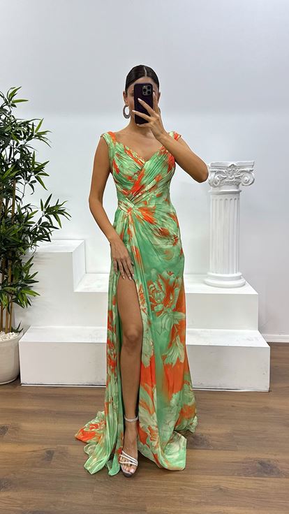 Mint Strappy Patterned Evening Dress