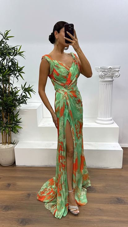 Mint Strappy Patterned Evening Dress