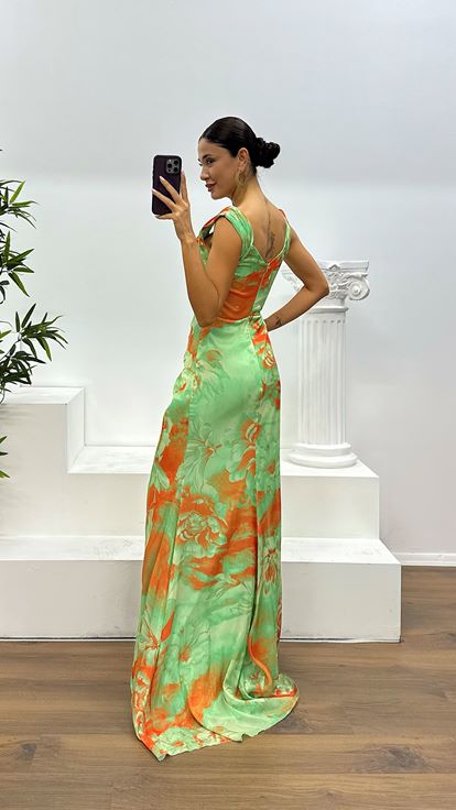 Mint Strappy Patterned Evening Dress