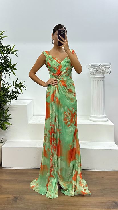 Mint Strappy Patterned Evening Dress