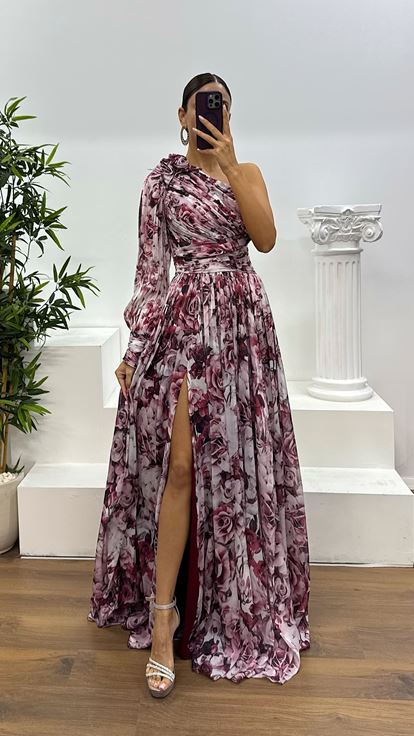 Bordo Tek Kol Desenli Abiye Elbise