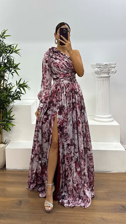 Bordo Tek Kol Desenli Abiye Elbise