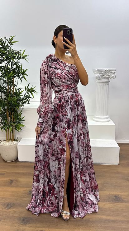 Bordo Tek Kol Desenli Abiye Elbise