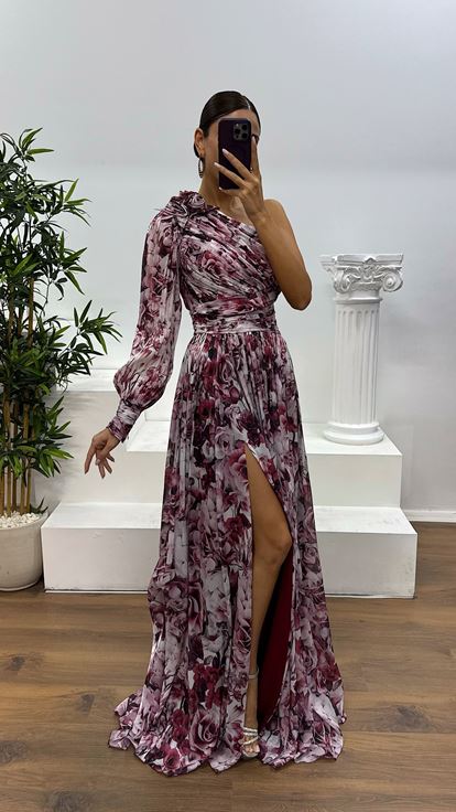 Bordo Tek Kol Desenli Abiye Elbise