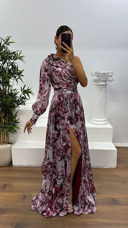 Bordo Tek Kol Desenli Abiye Elbise