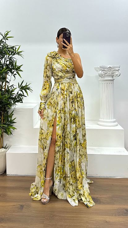 Safran Tek Kol Desenli Abiye Elbise