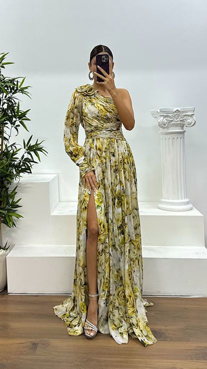 Safran Tek Kol Desenli Abiye Elbise