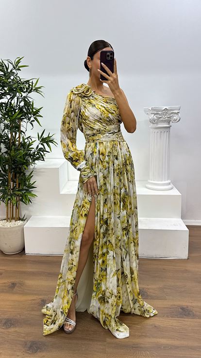 Safran Tek Kol Desenli Abiye Elbise