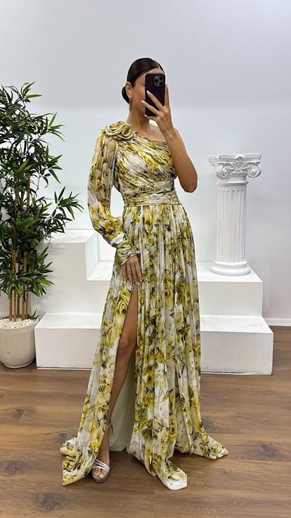 Safran Tek Kol Desenli Abiye Elbise