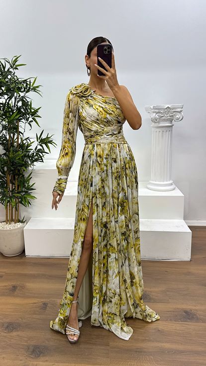 Safran Tek Kol Desenli Abiye Elbise