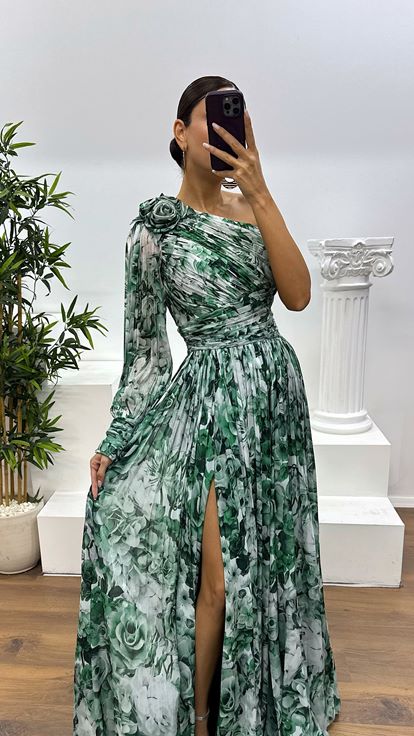 Zümrüt Tek Kol Desenli Abiye Elbise