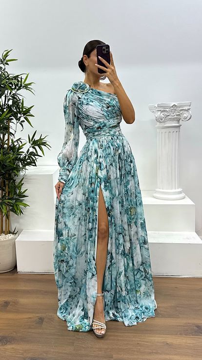 Tek Kol Desenli Abiye Elbise